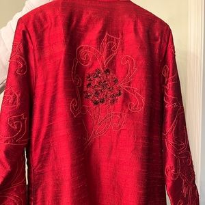 Anage 100% silk sheen rusty red light wt dressy jacket beads on front n back.